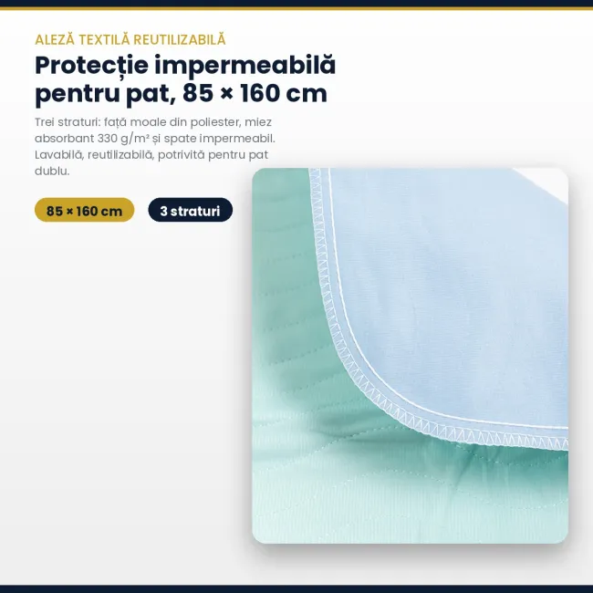 Aleza impermeabila reutilizabila pentru pat dublu, 85 x 160 cm, calitate premium, rezistența pana la 300 de spălări