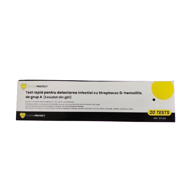 Test antigen rapid pentru Streptococ A cu control negativ si pozitiv inclus, ambalat la kit colectiv cu 20 de teste pentru uz profesional, Golden Protect