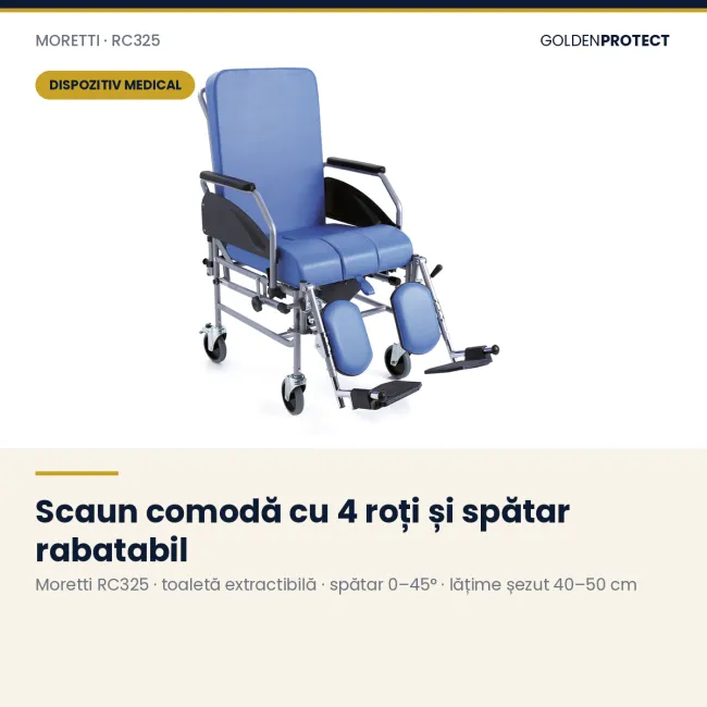 Scaun cu WC reclinabil Moretti Komoda RC325 – compact, ușor de manevrat, gândit pentru băile mici
