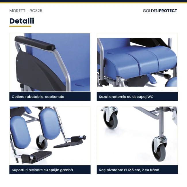 Scaun cu WC reclinabil Moretti Komoda RC325 – compact, ușor de manevrat, gândit pentru băile mici