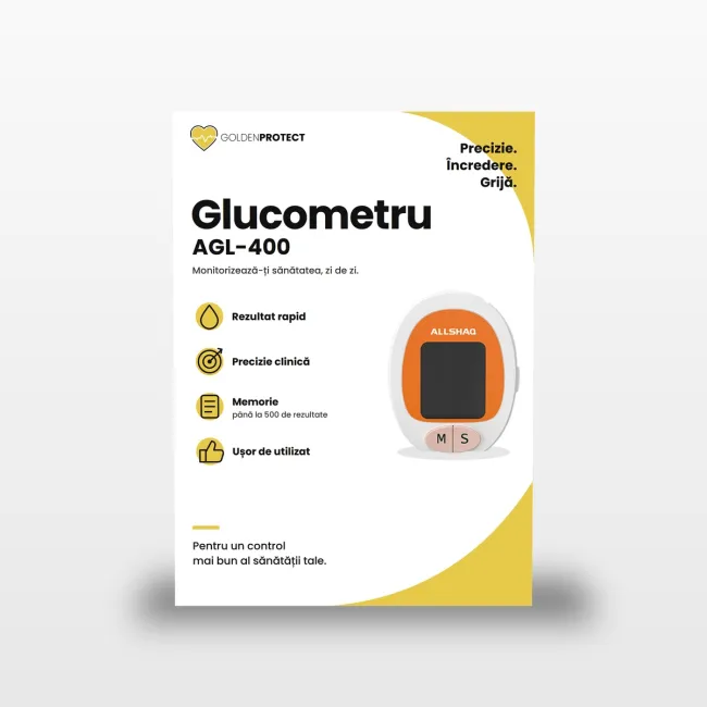Kit glucometru Golden Protect + 100 de teste + 100 de lancete