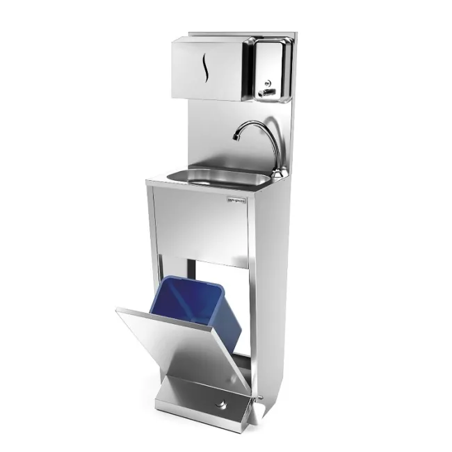 Chiuvetă pentru spălat mâini - cu pedală - oțel inoxidabil - dozator săpun manual, dozator prosoape hârtie, coș de gunoi, montare pe podea, robinet dreapta, alimentare apă fixă