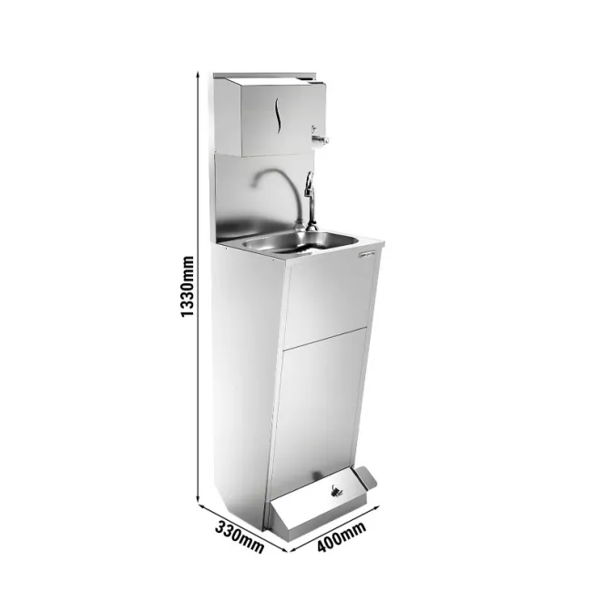 Chiuvetă pentru spălat mâini - cu pedală - oțel inoxidabil - dozator săpun manual, dozator prosoape hârtie, coș de gunoi, montare pe podea, robinet dreapta, alimentare apă fixă