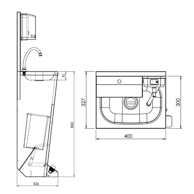 Chiuvetă pentru spălat mâini - cu pedală - oțel inoxidabil - dozator săpun manual, dozator prosoape hârtie, coș de gunoi, montare pe podea, robinet dreapta, alimentare apă fixă