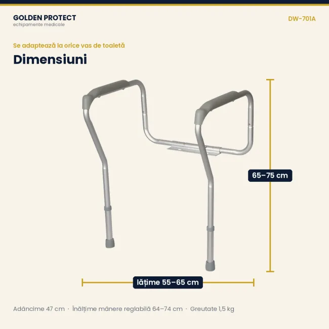 Cadru de sprijin pentru toaletă, din aluminiu, reglabil pe înălțime și lățime