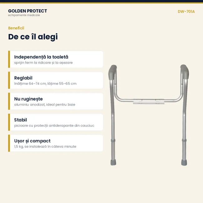 Cadru de sprijin pentru toaletă, din aluminiu, reglabil pe înălțime și lățime