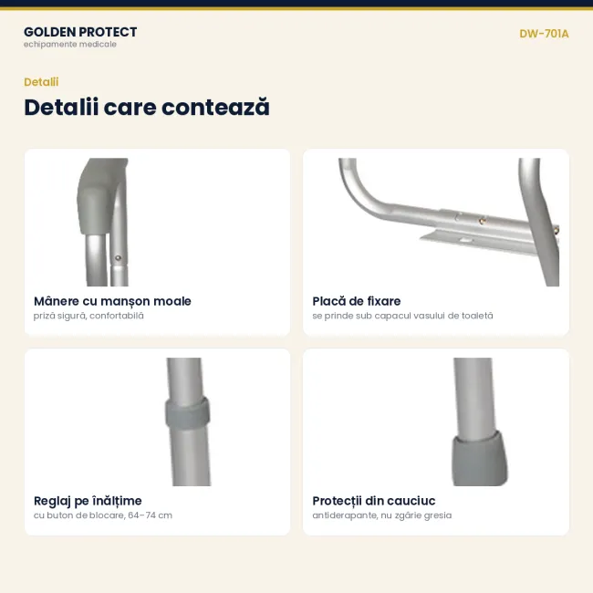 Cadru de sprijin pentru toaletă, din aluminiu, reglabil pe înălțime și lățime