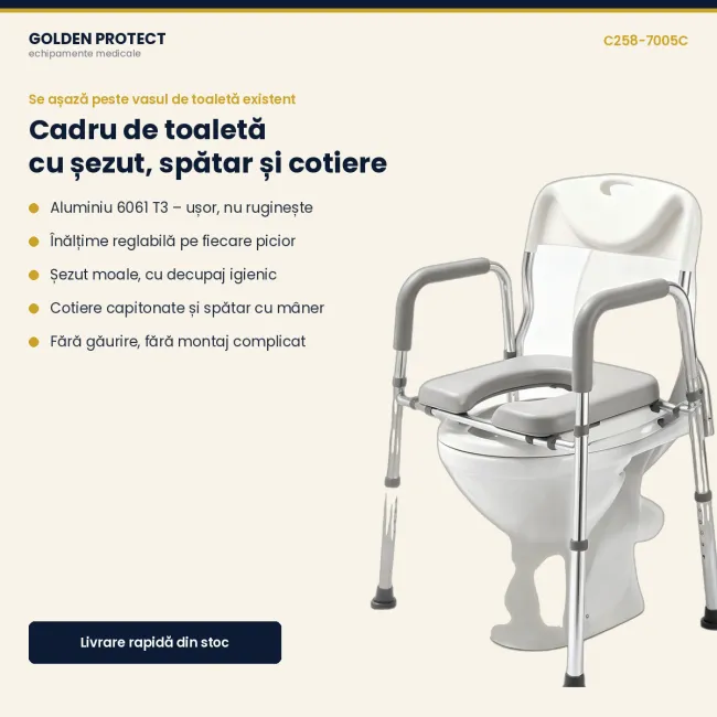 Cadru de toaletă din aluminiu cu șezut înălțat, spătar și cotiere, reglabil pe înălțime
