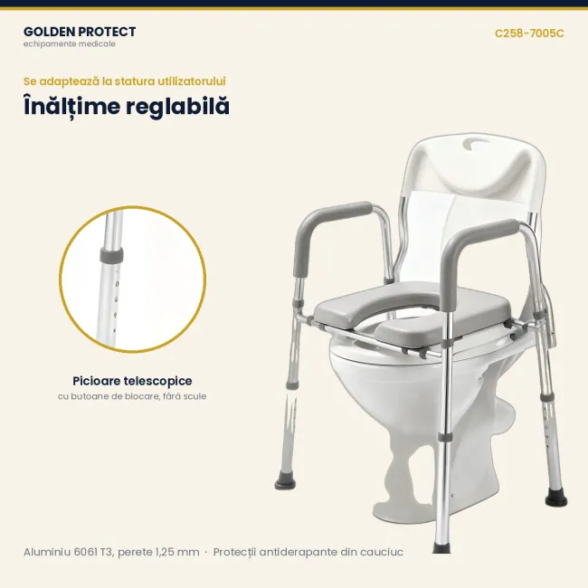 Cadru de toaletă din aluminiu cu șezut înălțat, spătar și cotiere, reglabil pe înălțime