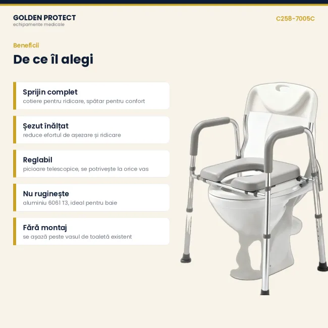 Cadru de toaletă din aluminiu cu șezut înălțat, spătar și cotiere, reglabil pe înălțime