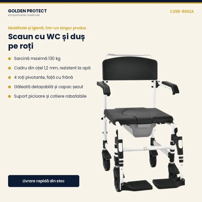 Scaun de transfer cu WC și duș pe roți – toaletă, duș și transfer, într-un singur produs