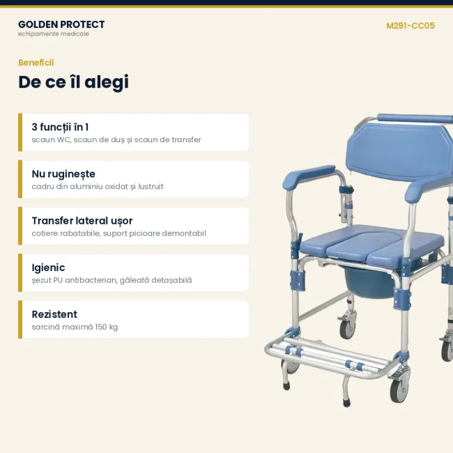 Scaun cu WC și duș din aluminiu, pe roți, cu cotiere rabatabile și suport picioare, sarcină 150 kg