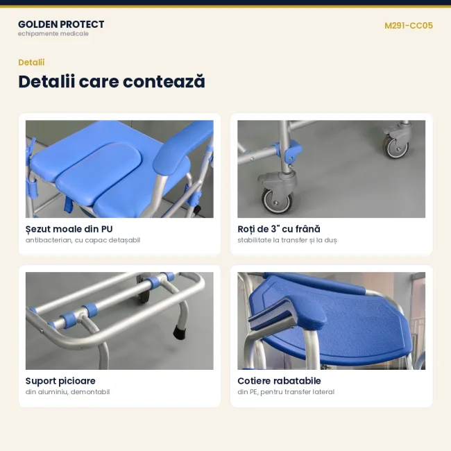 Scaun cu WC și duș din aluminiu, pe roți, cu cotiere rabatabile și suport picioare, sarcină 150 kg
