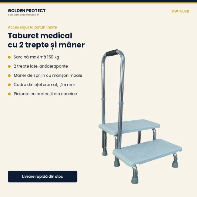 Treapta medicală cu 2 trepte și mâner de sprijin, antiderapant, sarcină 150 kg