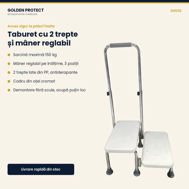 Taburet medical cu 2 trepte și mâner de sprijin reglabil pe înălțime, antiderapant, sarcină 150 kg
