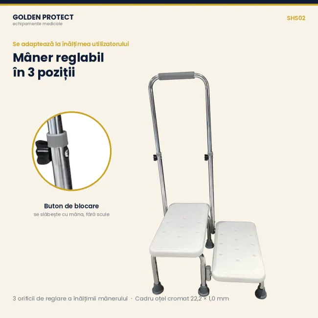 Taburet medical cu 2 trepte și mâner de sprijin reglabil pe înălțime, antiderapant, sarcină 150 kg