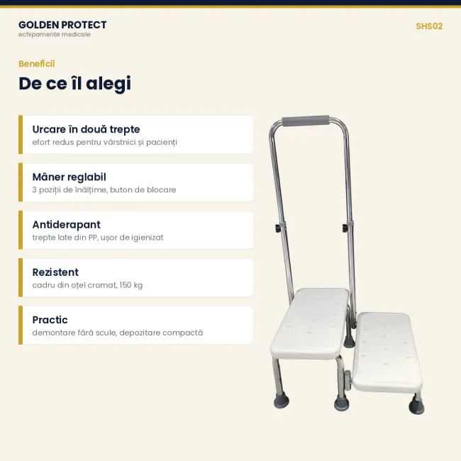 Taburet medical cu 2 trepte și mâner de sprijin reglabil pe înălțime, antiderapant, sarcină 150 kg