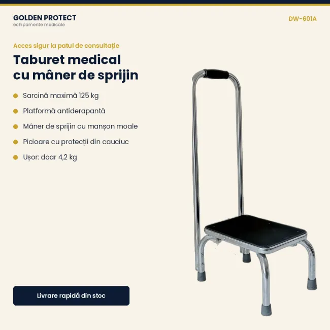 Treapta medicală cu mâner de sprijin, platformă antiderapantă, sarcină 125 kg