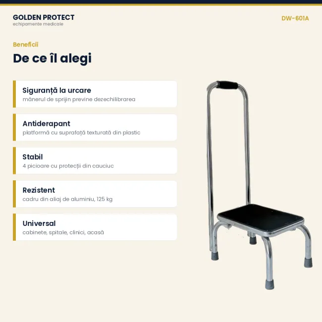 Treapta medicală cu mâner de sprijin, platformă antiderapantă, sarcină 125 kg