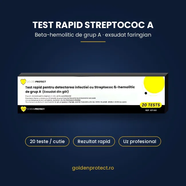 Test antigen rapid pentru Streptococ A cu control negativ si pozitiv inclus, ambalat la kit colectiv cu 20 de teste pentru uz profesional, Golden Protect