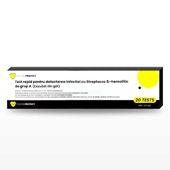 Test antigen rapid pentru Streptococ A cu control negativ si pozitiv inclus, ambalat la kit colectiv cu 20 de teste pentru uz profesional, Golden Protect