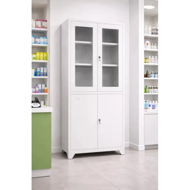 Dulap metalic de medicamente, 4 uși, 3 polițe, 35 kg/poliță, 760x380x1760mm, gri, C153 B4U