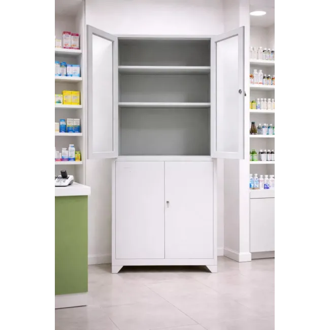 Dulap metalic de medicamente, 4 uși, 3 polițe, 35 kg/poliță, 760x380x1760mm, gri, C153 B4U