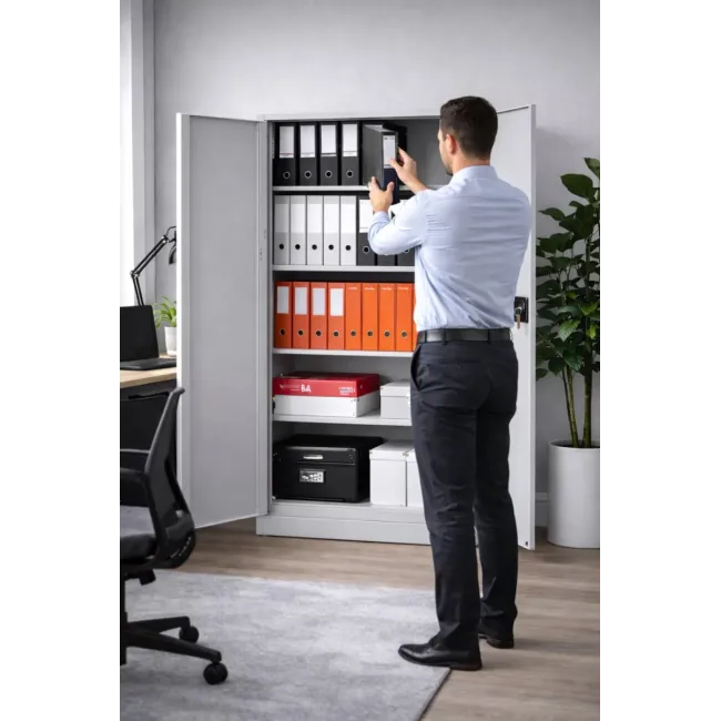 Fișet metalic, 2 uși, 4 polițe, 40 kg/poliță, 900x400x1800mm, gri, A177/9 B4U