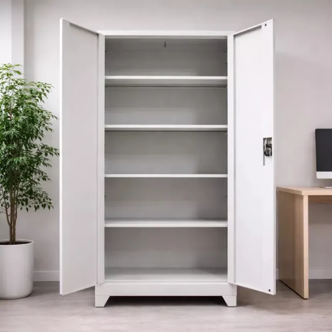 Fișet metalic, 2 uși, 4 polițe, 40 kg/poliță, 900x400x1800mm, cu picioare, gri, A177/9 B4U