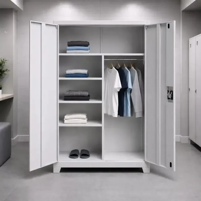 Vestiar metalic 2 compartimente cu polițe bară umerașe picioare 920x500x1950mm gri B4U la palet