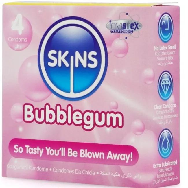 Prezervative Skins Bubblegum – aromă de gumă de mestecat, set 4