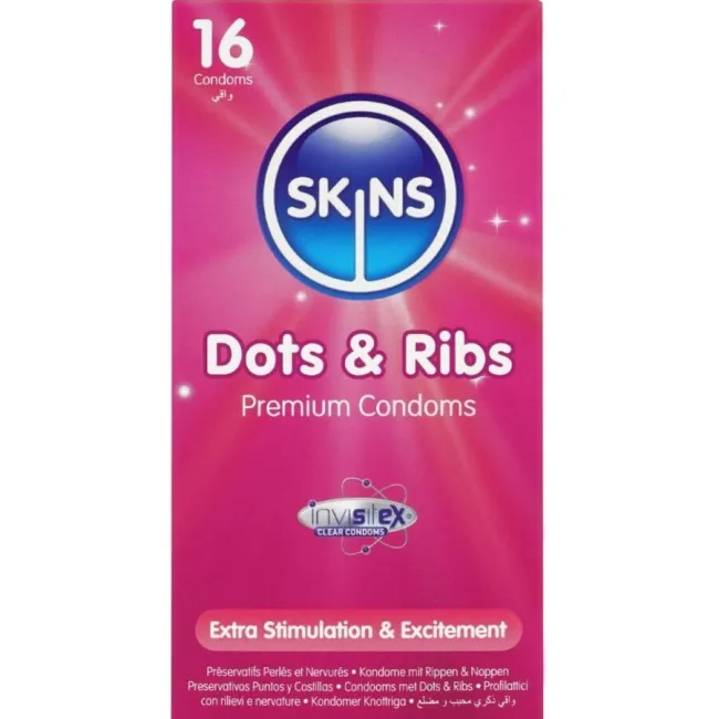 Prezervative Skins Dots & Ribs Premium – texturate, 16 bucăți