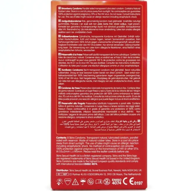 Prezervative Skins Strawberry Premium – aromă de căpșuni, 8 bucăți