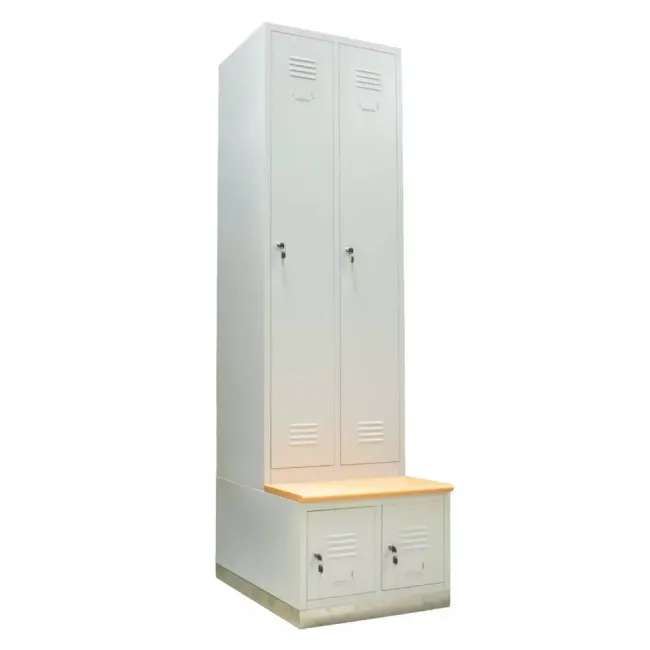 Vestiar metalic, 2+2 compartimente, cu bancuta, bară umerașe, 600x800x2156mm, gri, B4U