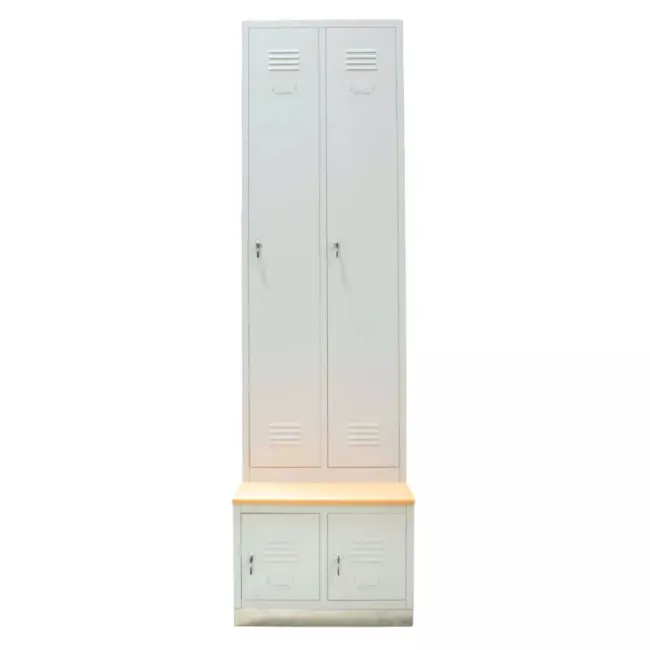 Vestiar metalic, 2+2 compartimente, cu bancuta, bară umerașe, 600x800x2156mm, gri, B4U