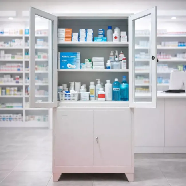 Dulap metalic de medicamente, 4 uși, 3 polițe, 35 kg/poliță, 760x380x1760mm, gri, C153 B4U, montat