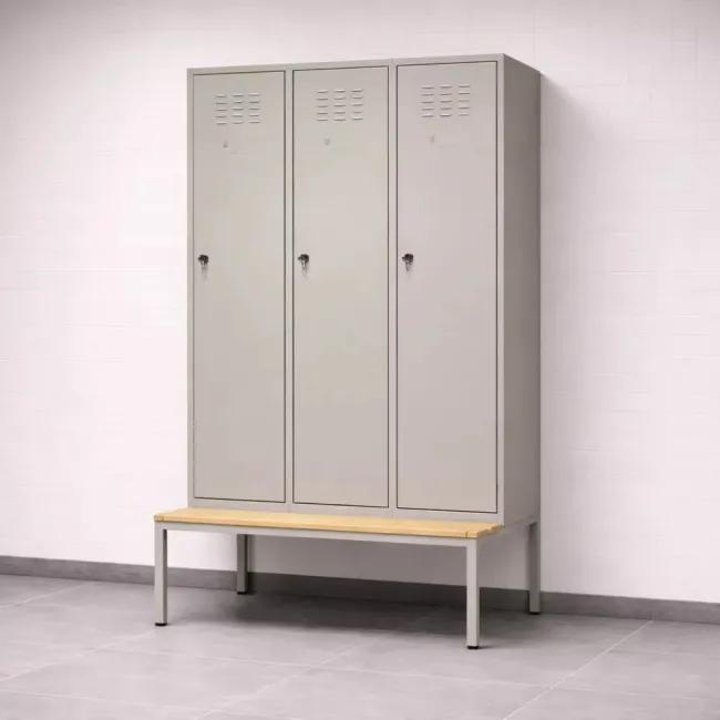 Vestiar metalic, 3 compartimente, cu bancuta, bară umerașe, 889x700x2200mm, gri, B4U