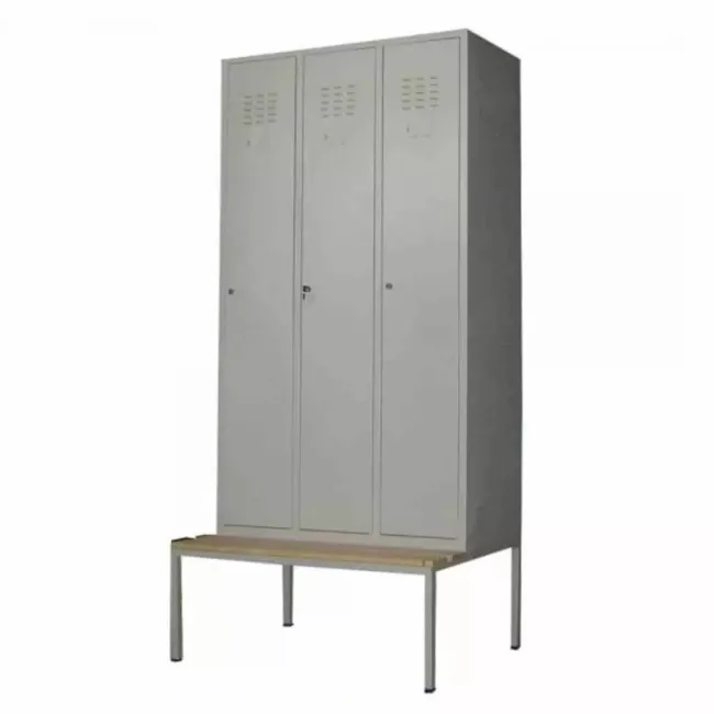 Vestiar metalic, 3 compartimente, cu bancuta, bară umerașe, 889x700x2200mm, gri, B4U