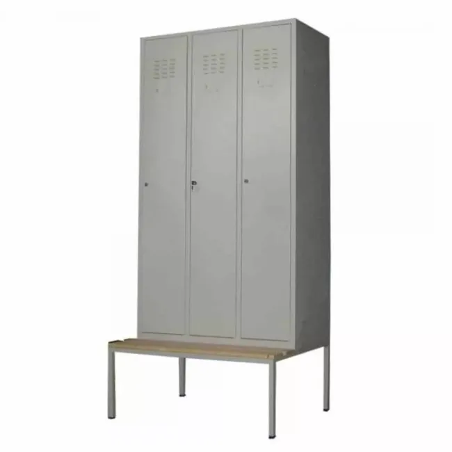 Vestiar metalic, 3 compartimente, bară umerașe, bancuta, 1200x840x2100mm, gri, B4U