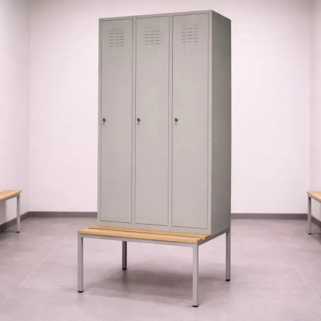 Vestiar metalic, 3 compartimente, bară umerașe, bancuta, 1200x840x2100mm, gri, B4U