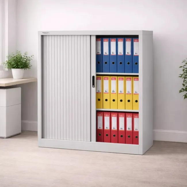 Dulap metalic, 2 uși pliante, 2 polițe, 50 kg/poliță, 1000x420x1200mm, gri, B4U, montat