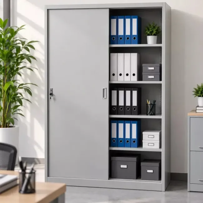 Fișet metalic, 2 uși glisante, 4 polițe, 40 kg/poliță, 1200x450x1900mm, gri, A166/9 B4U