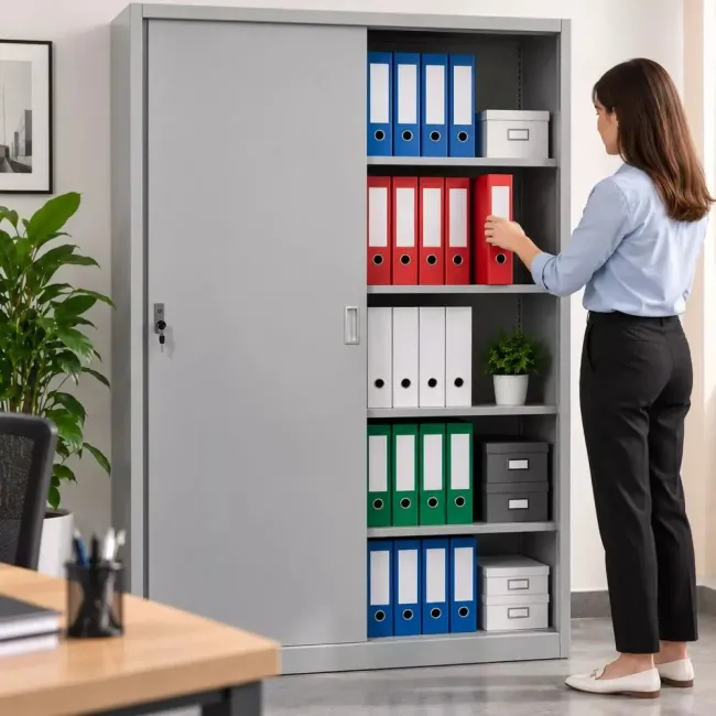 Fișet metalic, 2 uși glisante, 4 polițe, 40 kg/poliță, 1200x450x1900mm, gri, A166/9 B4U