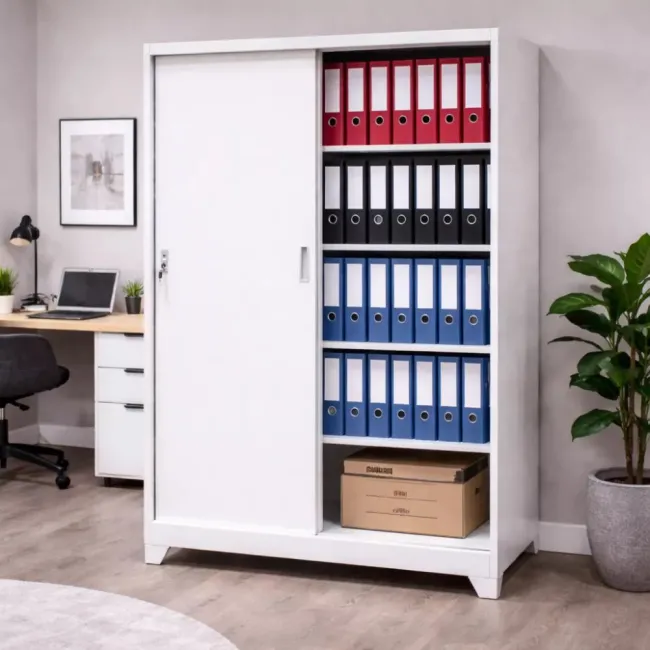 Fișet cu 2 uși glisante cu picioare și 4 polițe 40kg/poliță 1200x450x1900mm A166/9