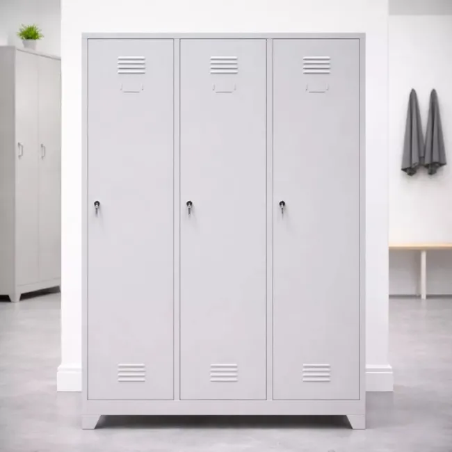 Vestiar metalic, 3 compartimente, bară umerașe, 1200x450x1800mm, gri, A827 B4U, montat
