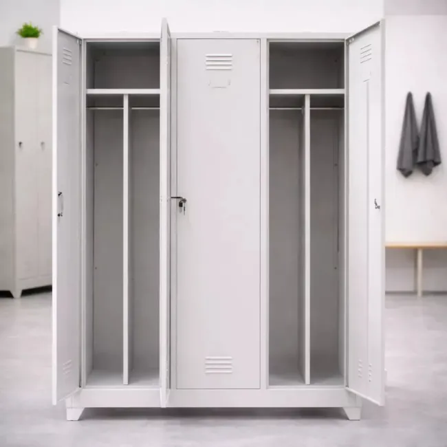 Vestiar metalic, 3 compartimente, bară umerașe, 1200x450x1800mm, gri, A827 B4U, montat
