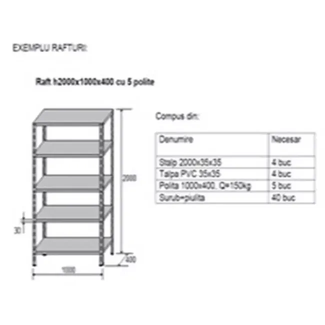 Raft metalic GRI 5 polițe METAL 180 kg/poliță 200x80x60 cm montaj cu SURUB