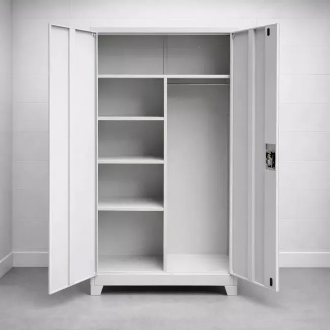Vestiar metalic, 2 compartimente, cu polițe, bară umerașe, cu picioare, 920x500x1950mm, gri, B4U