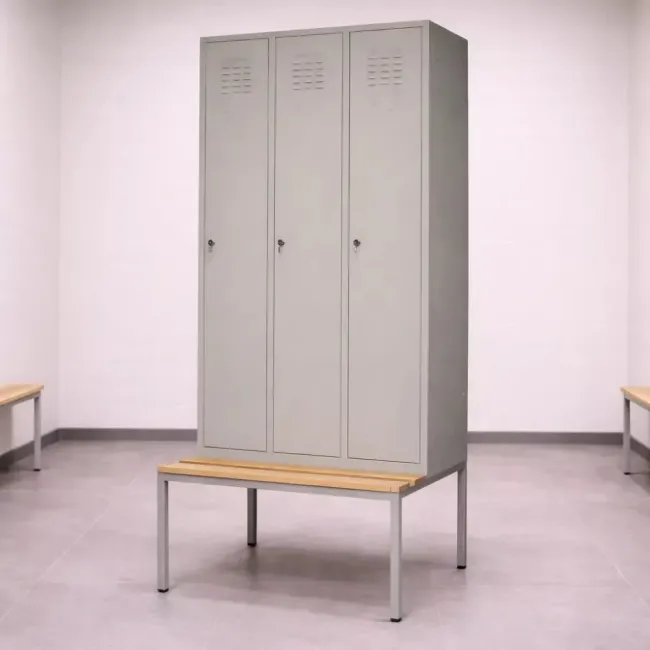 Vestiar metalic, 3 compartimente, bară umerașe, bancuta, 1200x840x2100mm, gri, B4U, la palet